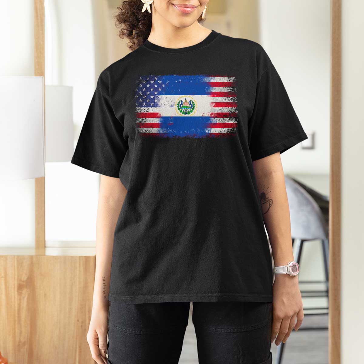 El Salvador American Flag T Shirt For Women Distressed Grunge USA Salvadoran Pride - Wonder Print Shop