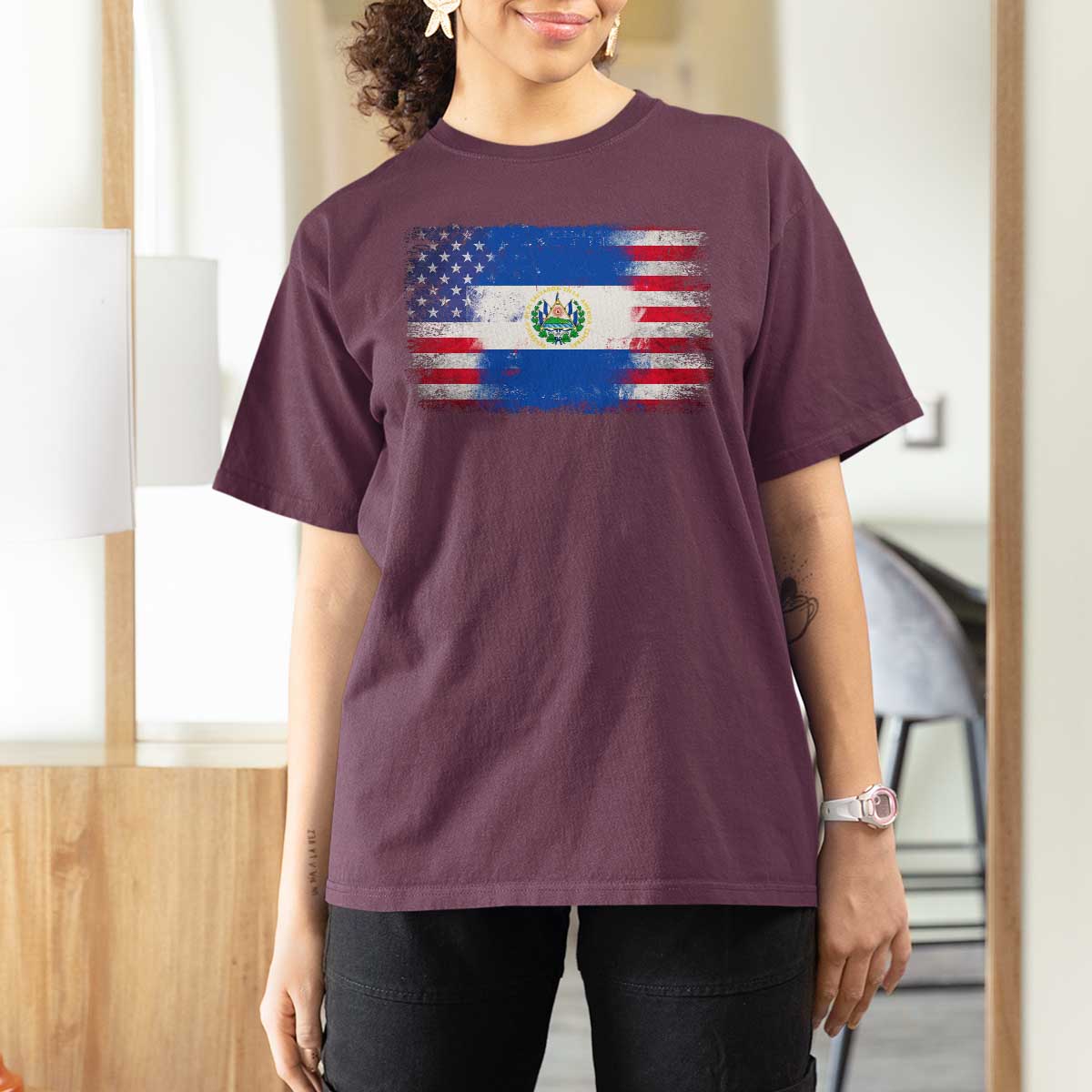El Salvador American Flag T Shirt For Women Distressed Grunge USA Salvadoran Pride - Wonder Print Shop