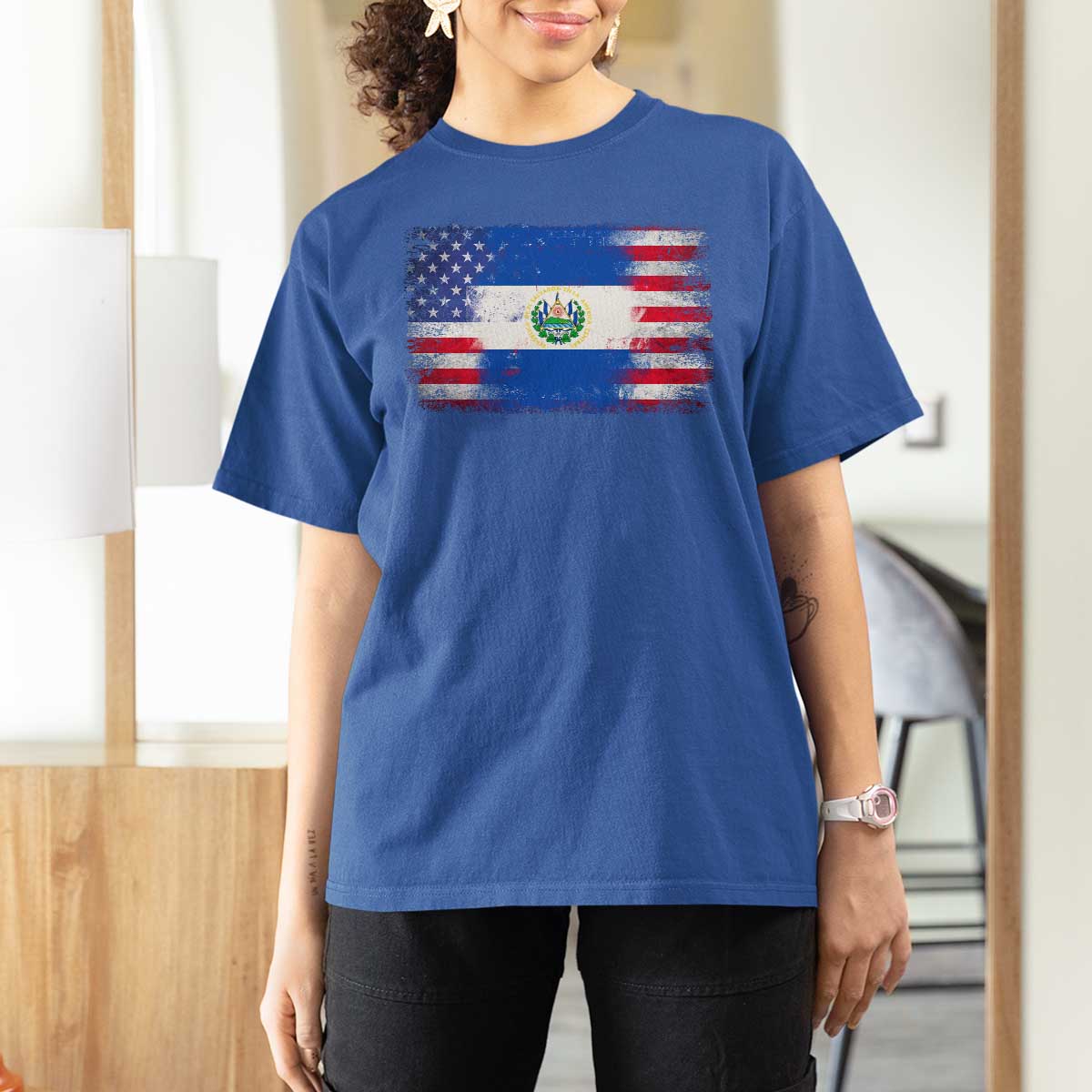 El Salvador American Flag T Shirt For Women Distressed Grunge USA Salvadoran Pride - Wonder Print Shop