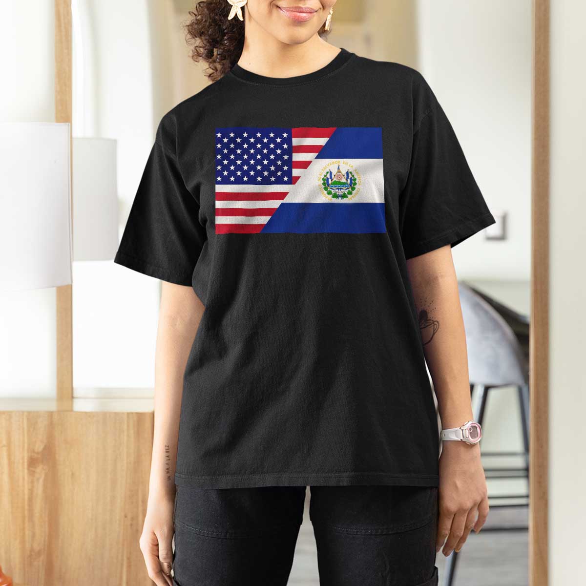 El Salvador American Flag T Shirt For Women Salvadoran USA Pride Heritage Roots - Wonder Print Shop
