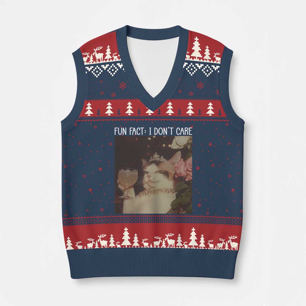 Cat Meme V-Neck Knit Sweater Vest Fun Fact I Dont Care Funny Saying Quote - Wonder Print Shop
