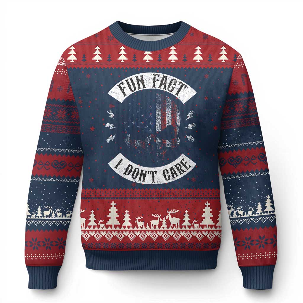 Fun Fact I Dont Care Ugly Christmas Sweater Retro US Flag Skull Skeleton Funny Saying Quote