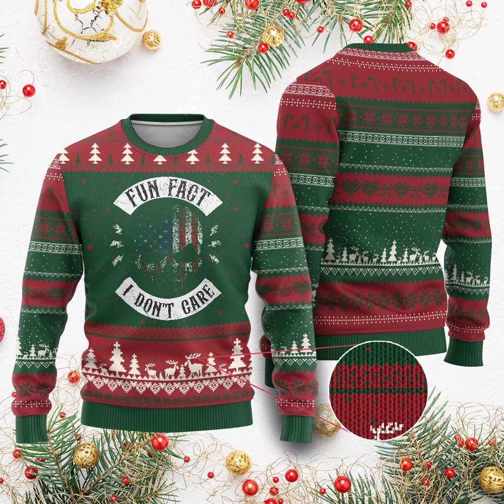 Fun Fact I Dont Care Ugly Christmas Sweater Retro US Flag Skull Skeleton Funny Saying Quote