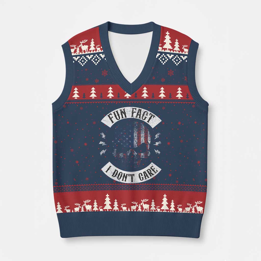 Fun Fact I Dont Care V-Neck Knit Sweater Vest Retro US Flag Skull Skeleton Funny Saying Quote