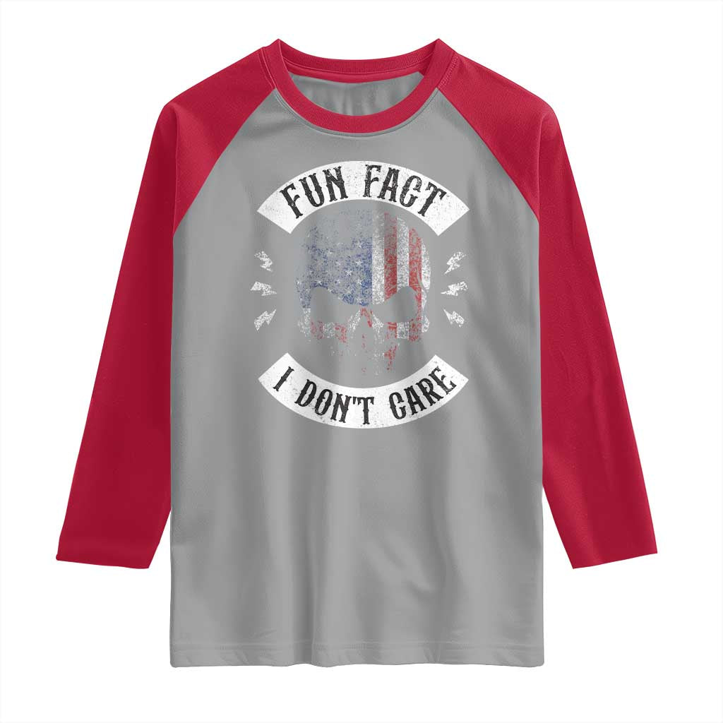 Fun Fact I Dont Care Raglan Shirt Retro US Flag Skull Skeleton Funny Saying Quote