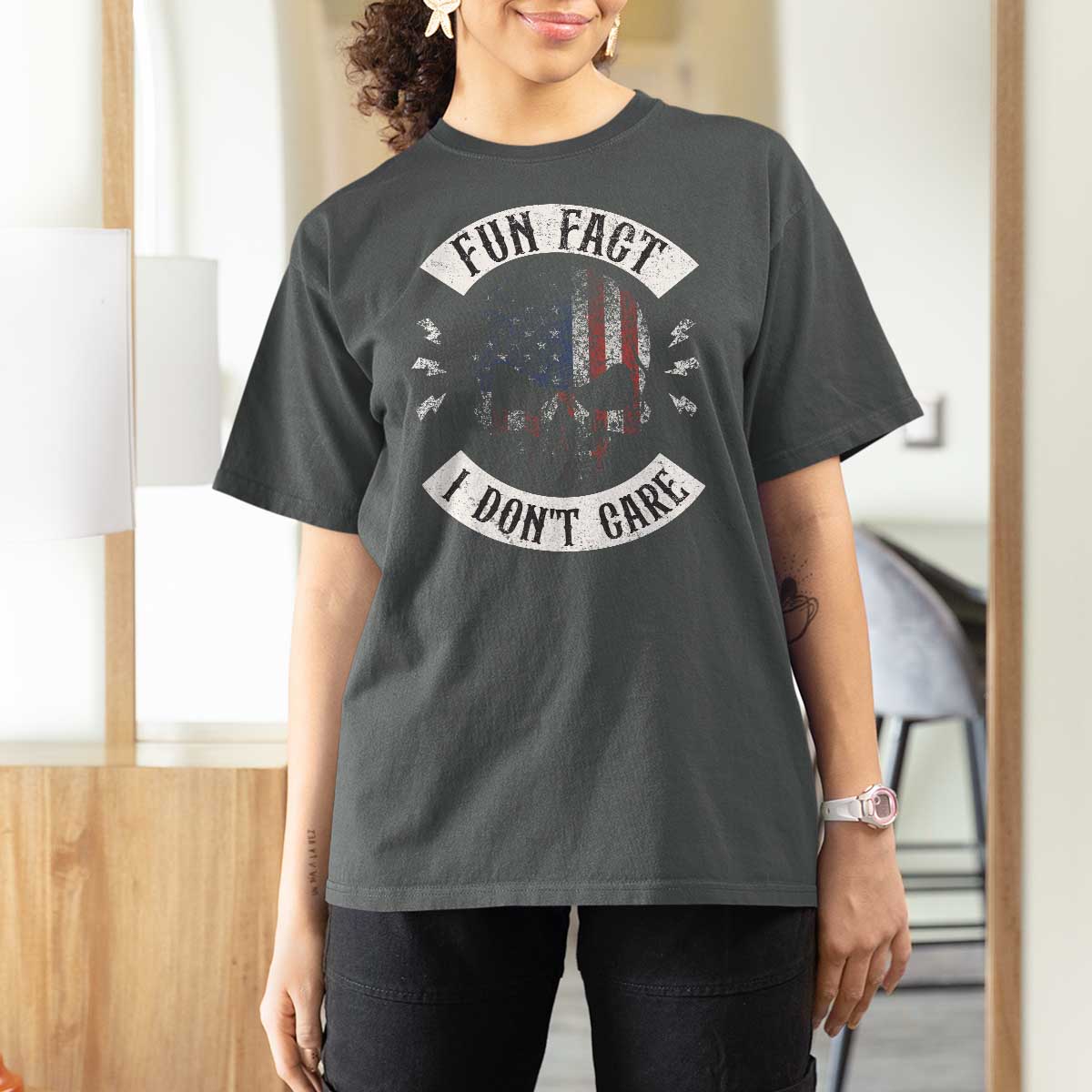 Fun Fact I Dont Care T Shirt For Women Retro US Flag Skull Skeleton Funny Saying Quote