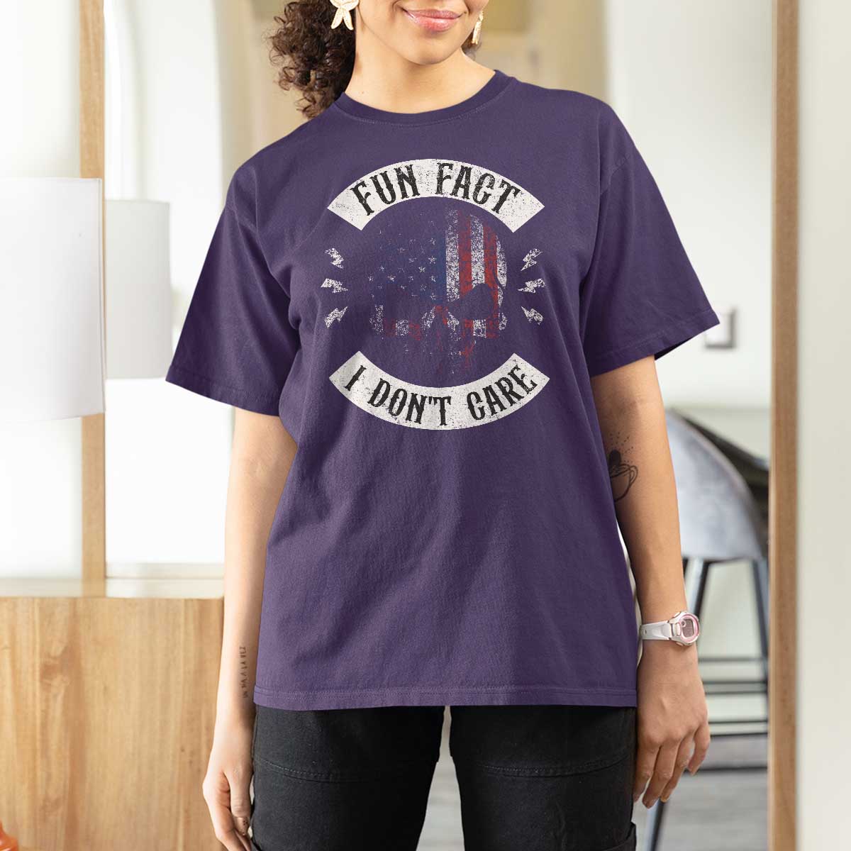 Fun Fact I Dont Care T Shirt For Women Retro US Flag Skull Skeleton Funny Saying Quote