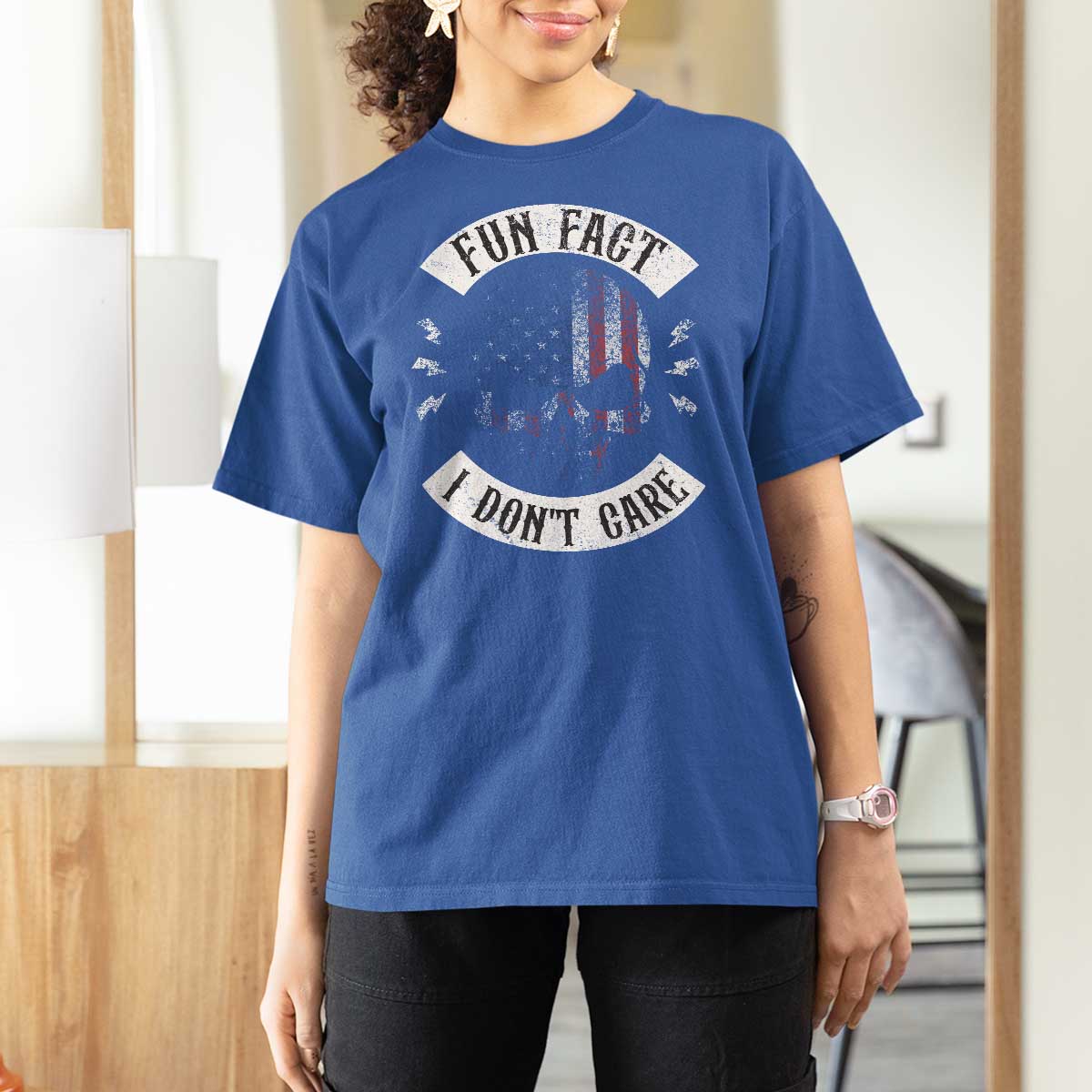 Fun Fact I Dont Care T Shirt For Women Retro US Flag Skull Skeleton Funny Saying Quote