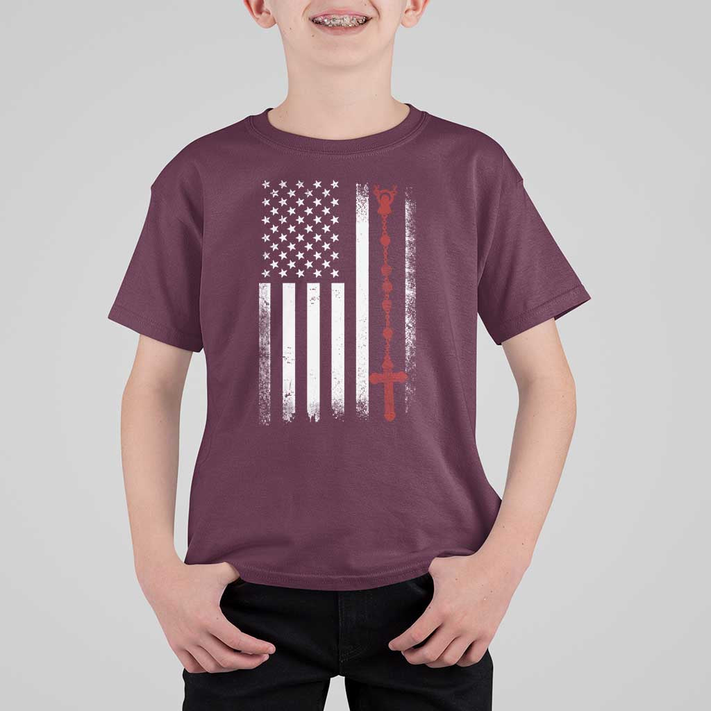 American Flag Rosary Catholic Cross T Shirt For Kid