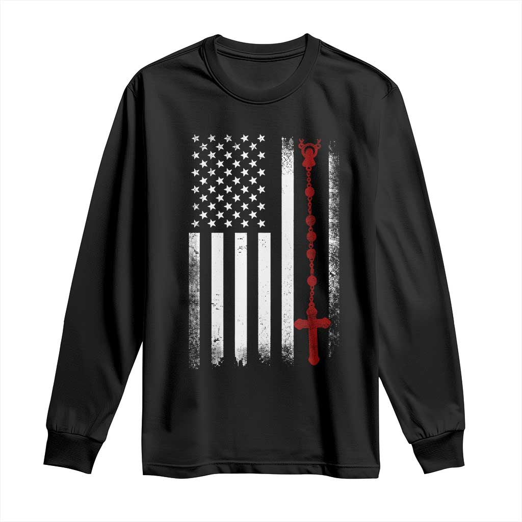 American Flag Rosary Catholic Cross Long Sleeve Shirt