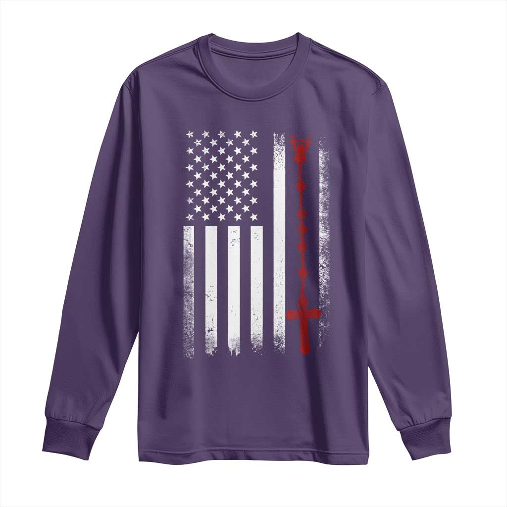 American Flag Rosary Catholic Cross Long Sleeve Shirt