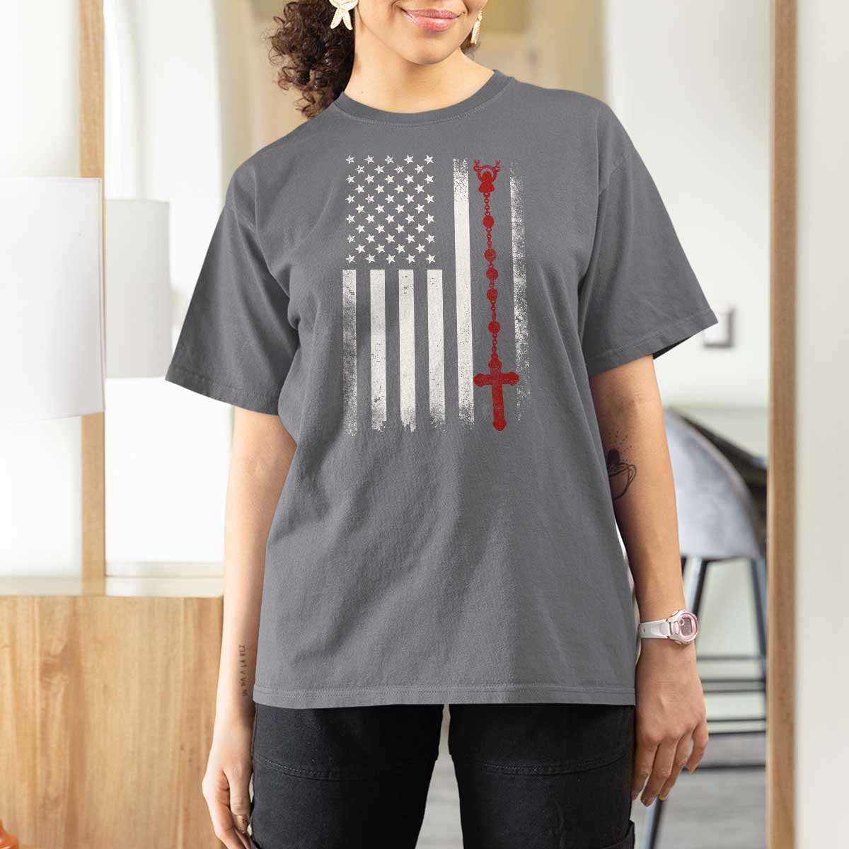 American Flag Rosary Catholic Cross T Shirt For Women