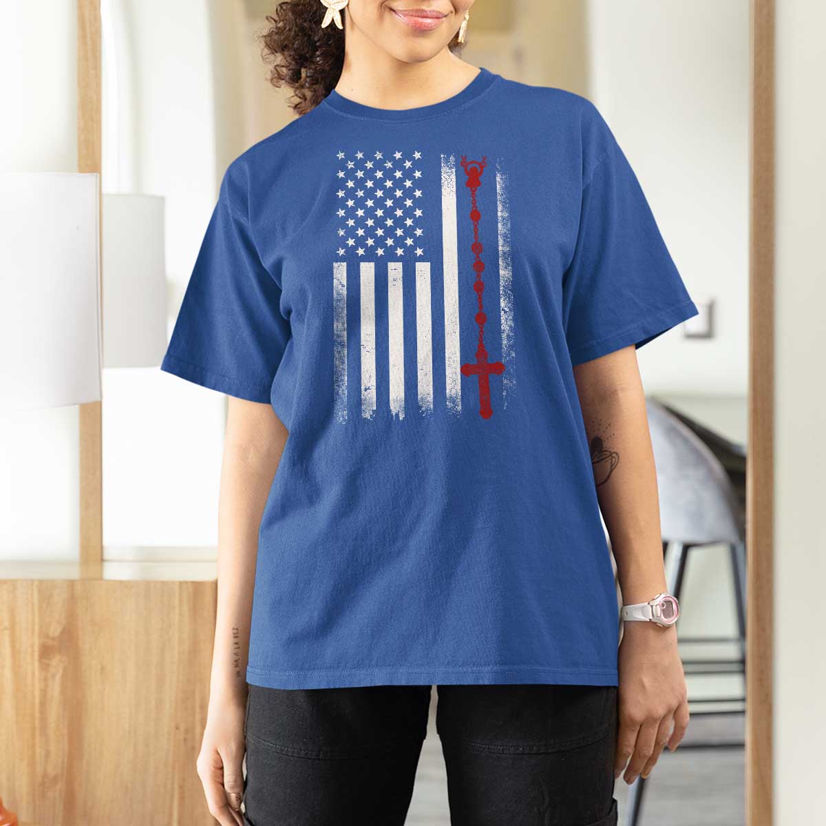 American Flag Rosary Catholic Cross T Shirt For Women