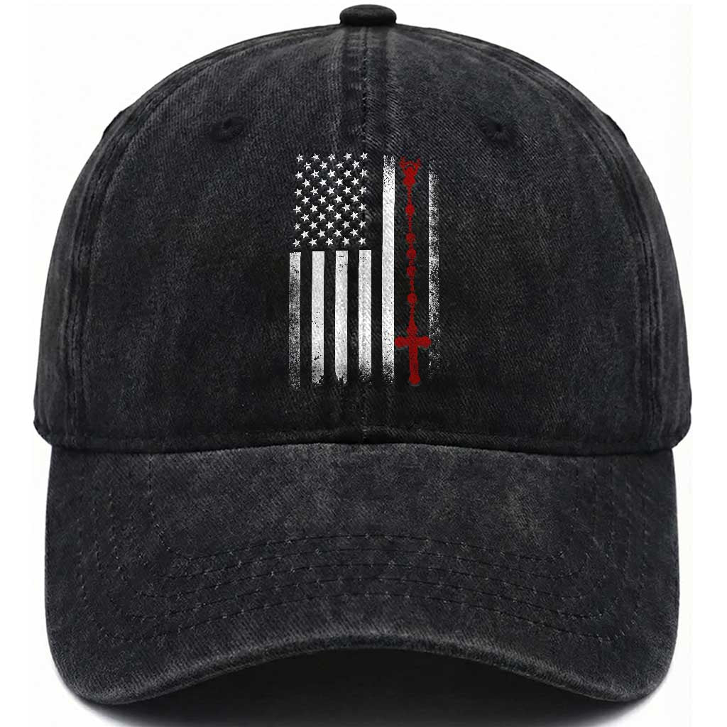 American Flag Rosary Catholic Cross Washed Cotton Baseball Cap