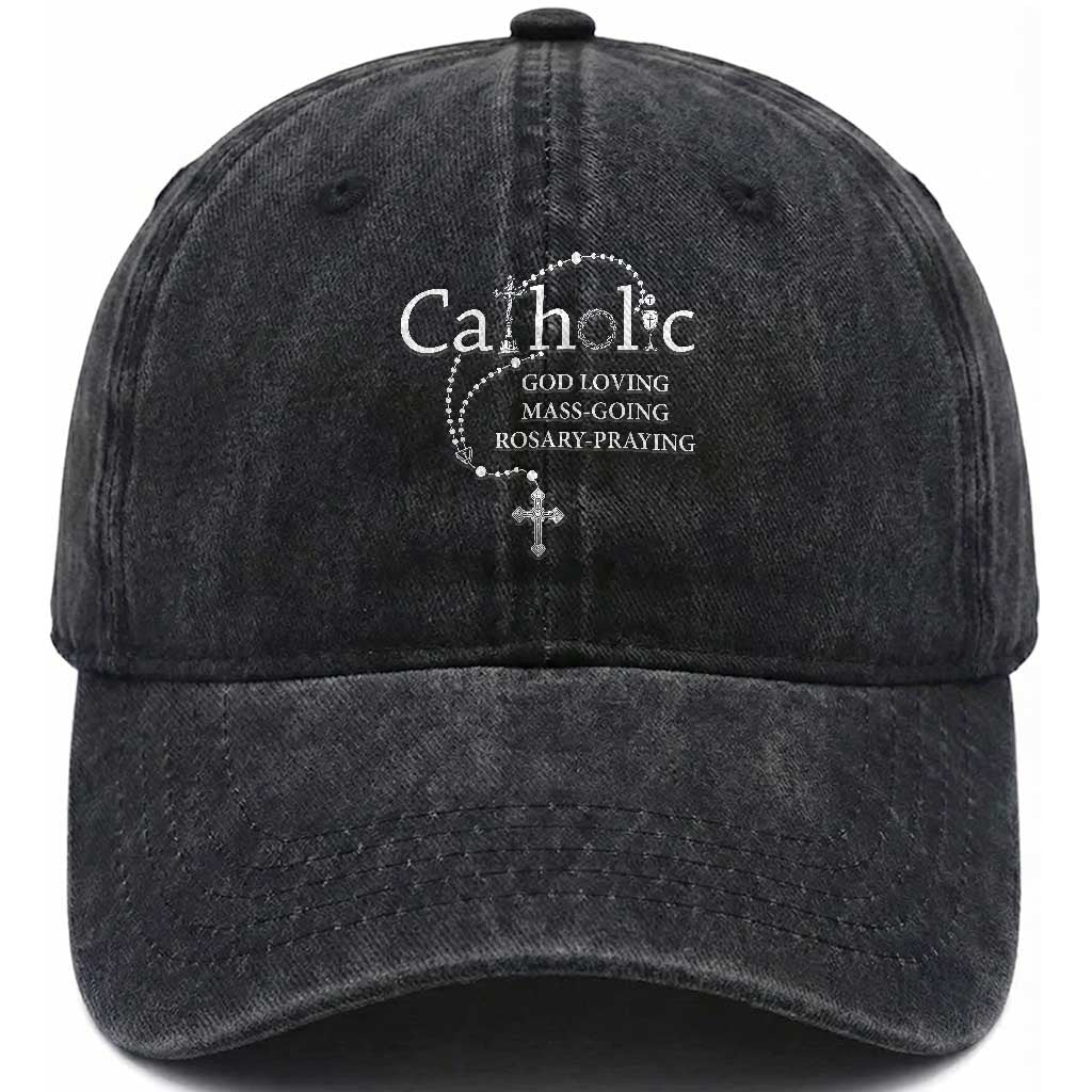 Catholic God Loving Mass Going Rosary Praying Faith Washed Cotton Baseball Cap Jesus Eucharist Christianity