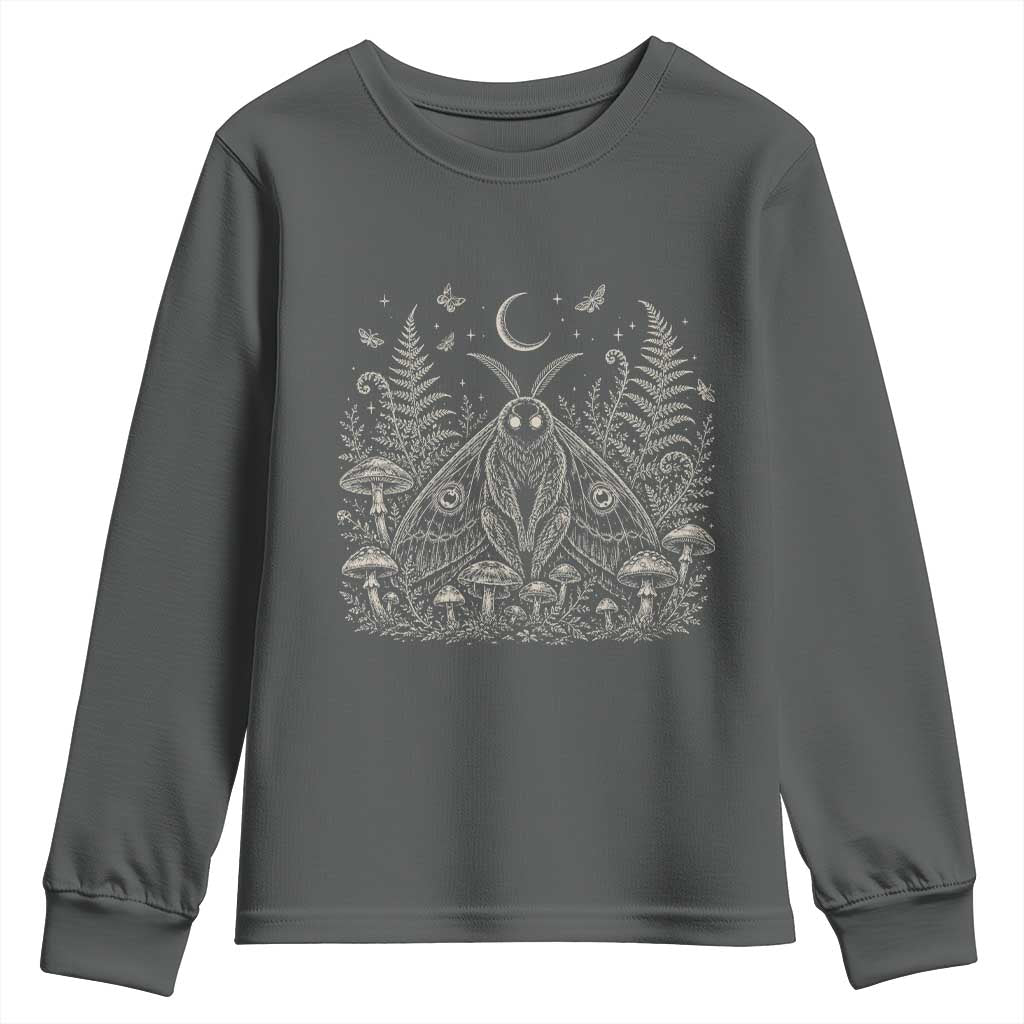 Mothman Youth Sweatshirt Vintage Cryptid Graphic Gothic Forest Moth Mushroom Folklore Gift