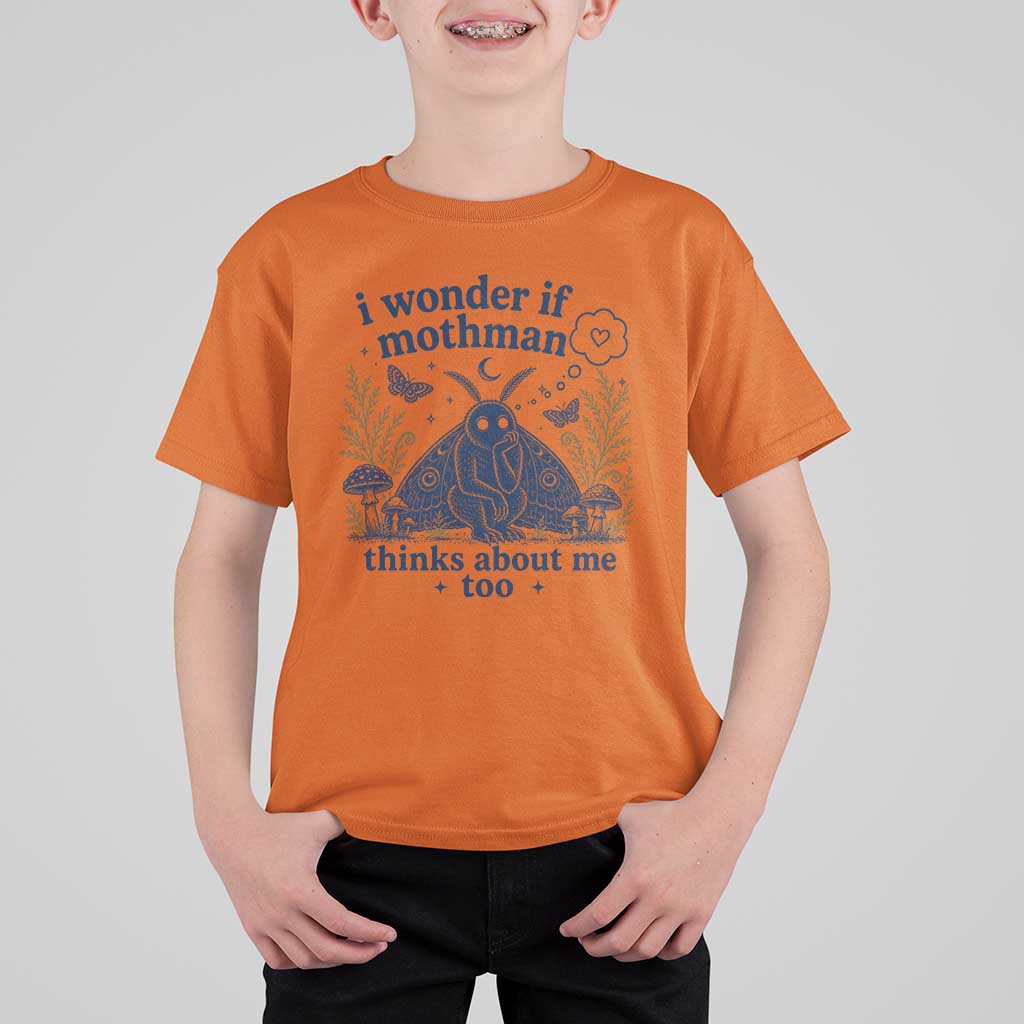 Funny Mothman T Shirt For Kid I Wonder If Mothman Thinks About Me Too Cryptid Weirdcore
