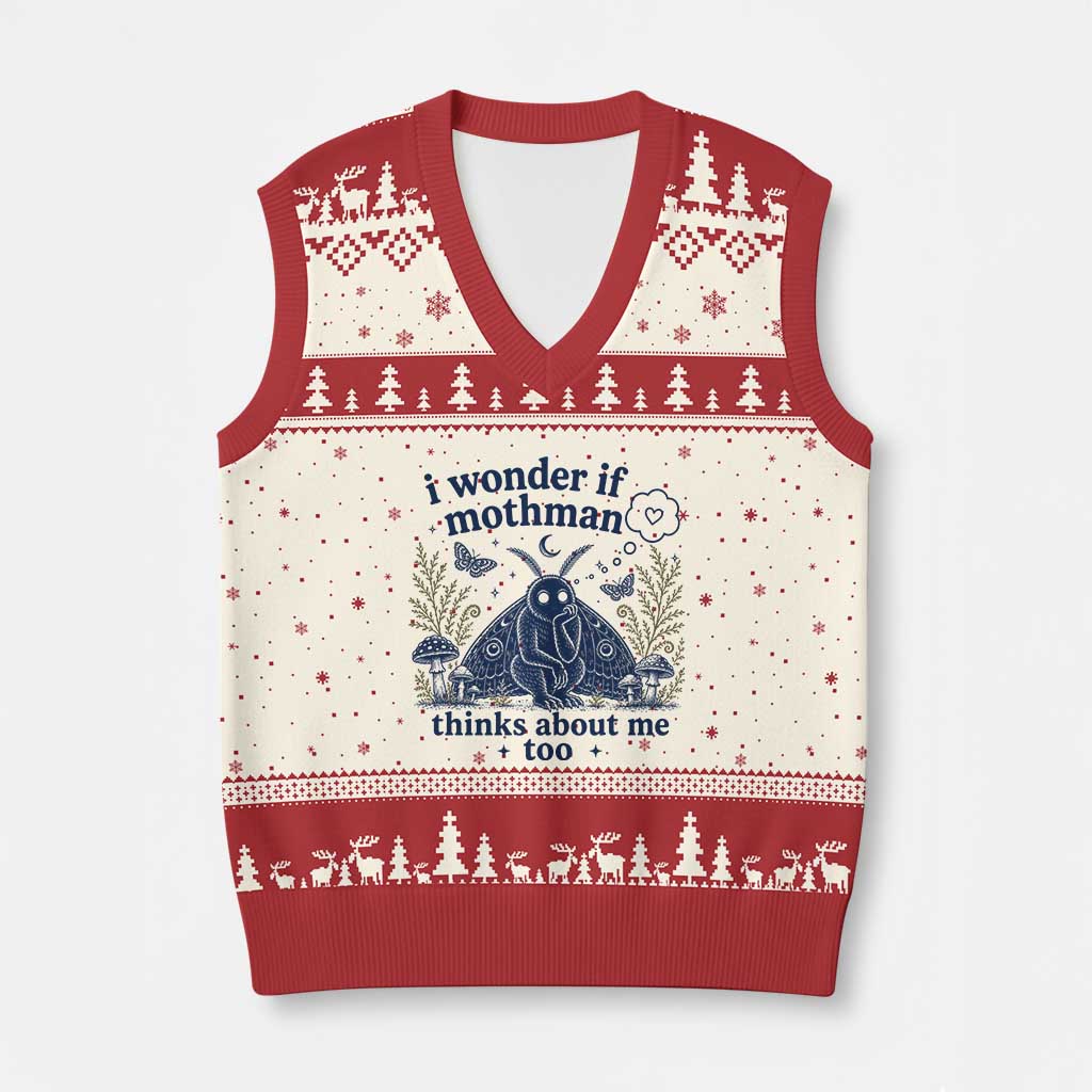 Funny Mothman V-Neck Knit Sweater Vest I Wonder If Mothman Thinks About Me Too Cryptid Weirdcore