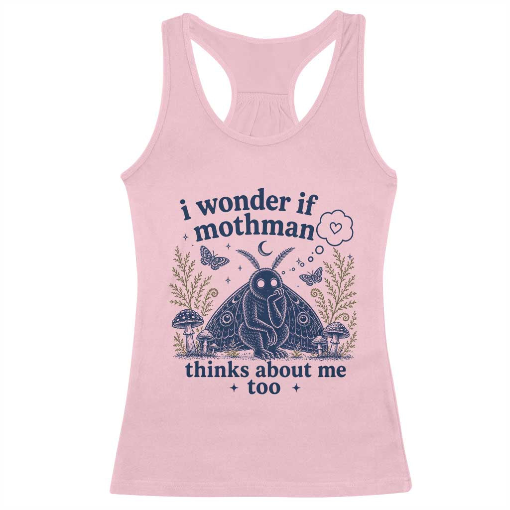 Funny Mothman Racerback Tank Top I Wonder If Mothman Thinks About Me Too Cryptid Weirdcore