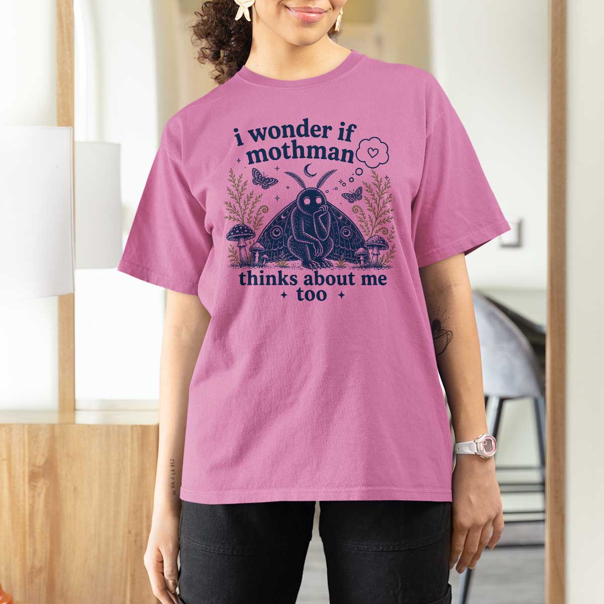 Funny Mothman T Shirt For Women I Wonder If Mothman Thinks About Me Too Cryptid Weirdcore
