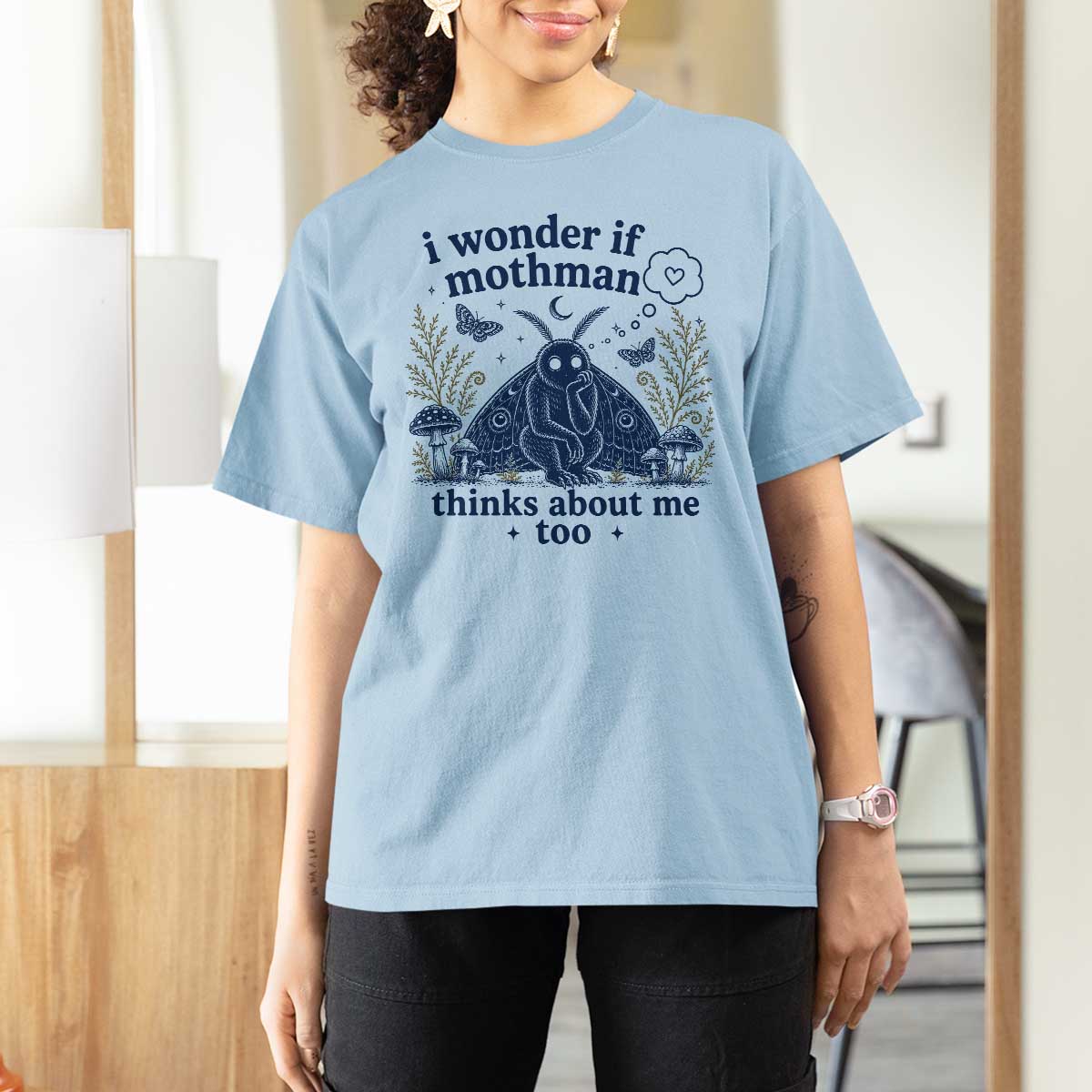 Funny Mothman T Shirt For Women I Wonder If Mothman Thinks About Me Too Cryptid Weirdcore