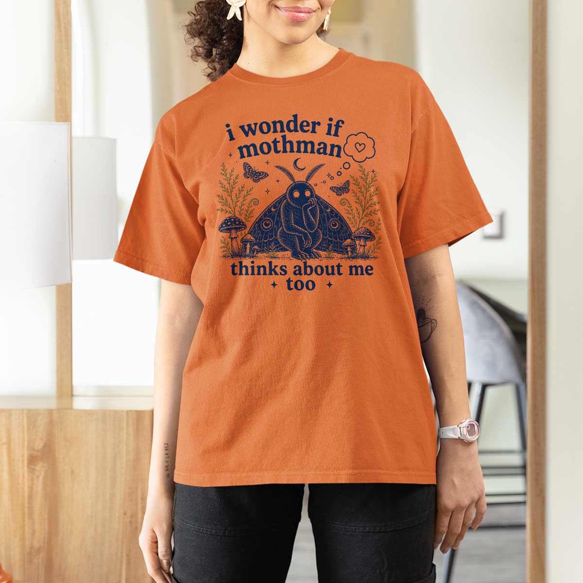 Funny Mothman T Shirt For Women I Wonder If Mothman Thinks About Me Too Cryptid Weirdcore