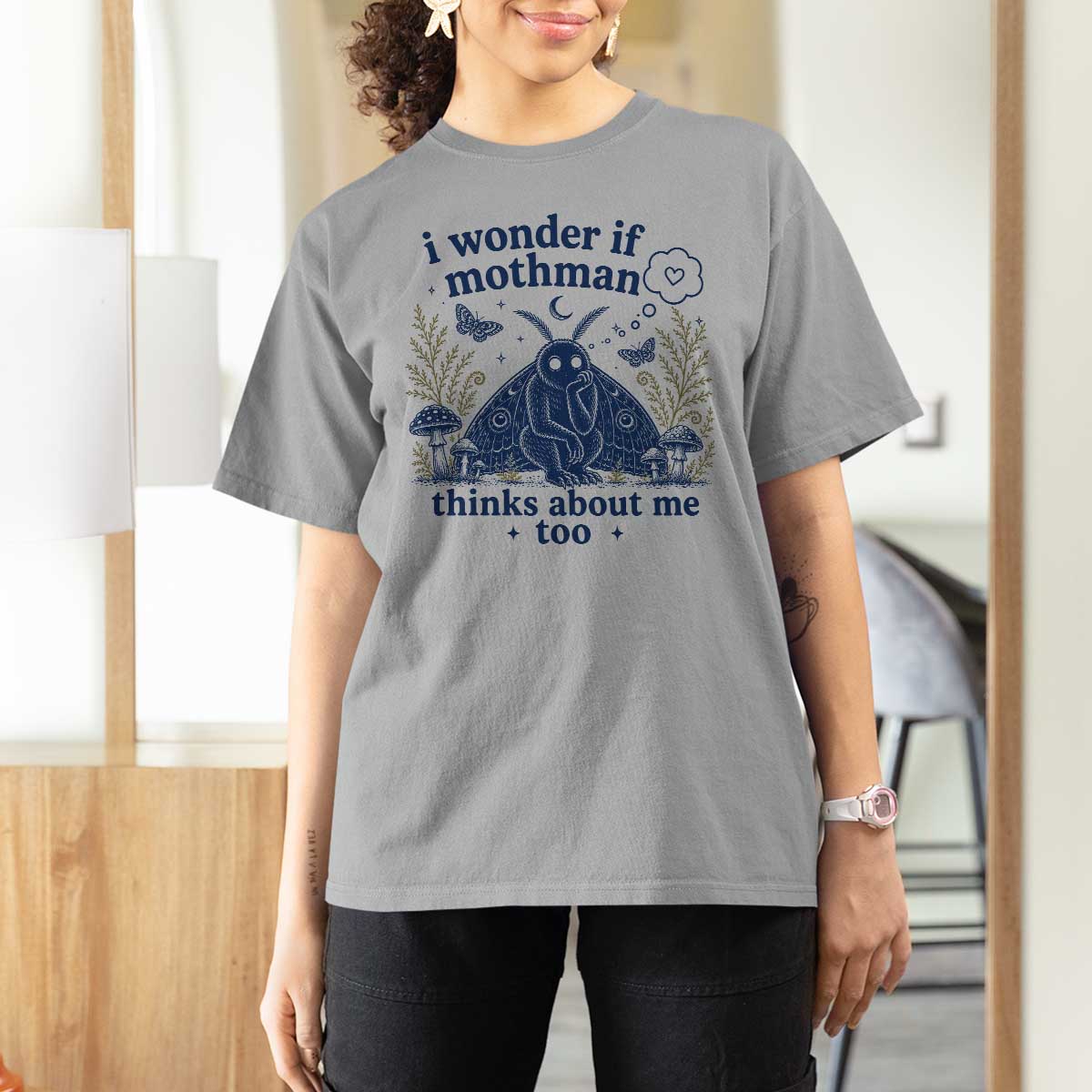 Funny Mothman T Shirt For Women I Wonder If Mothman Thinks About Me Too Cryptid Weirdcore