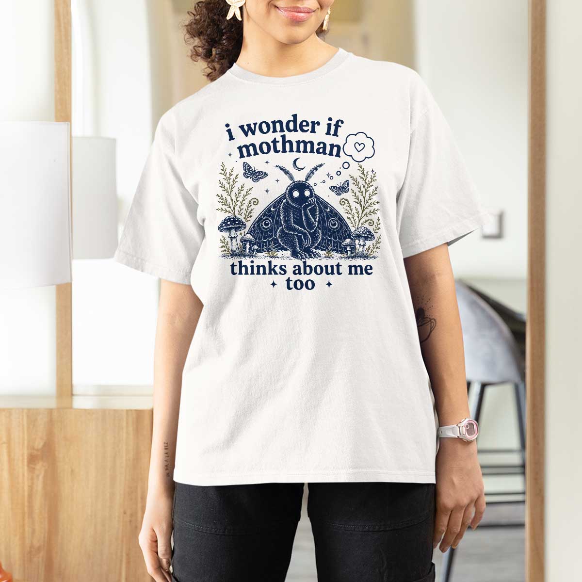 Funny Mothman T Shirt For Women I Wonder If Mothman Thinks About Me Too Cryptid Weirdcore