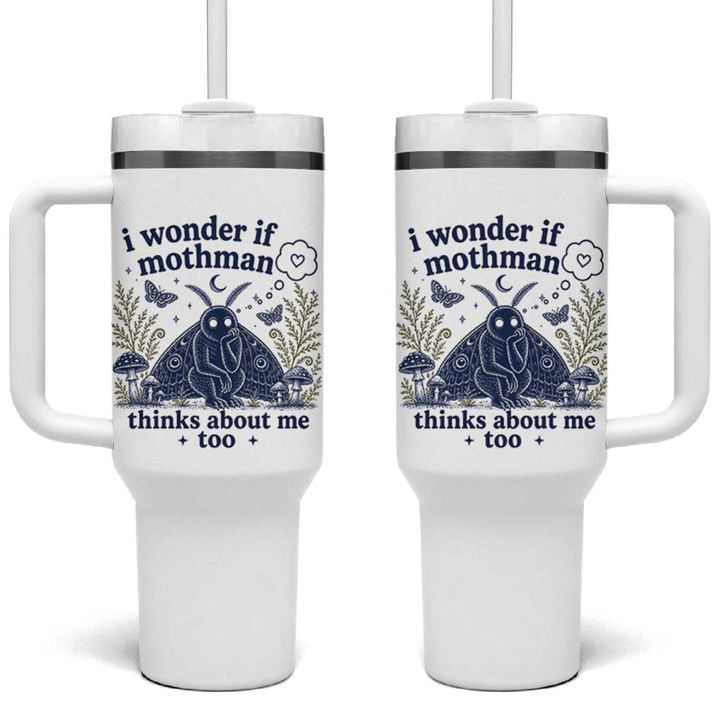 Funny Mothman Tumbler With Handle I Wonder If Mothman Thinks About Me Too Cryptid Weirdcore
