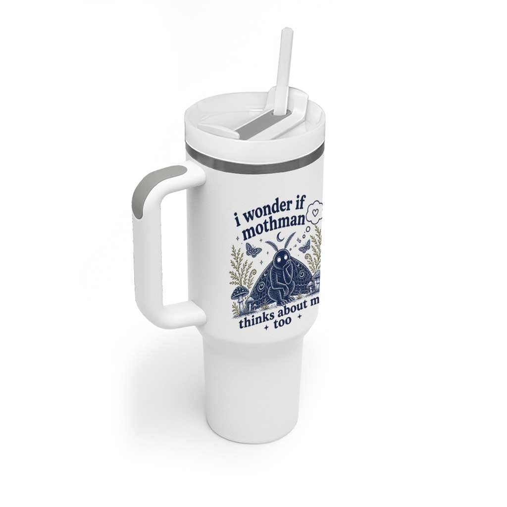 Funny Mothman Tumbler With Handle I Wonder If Mothman Thinks About Me Too Cryptid Weirdcore