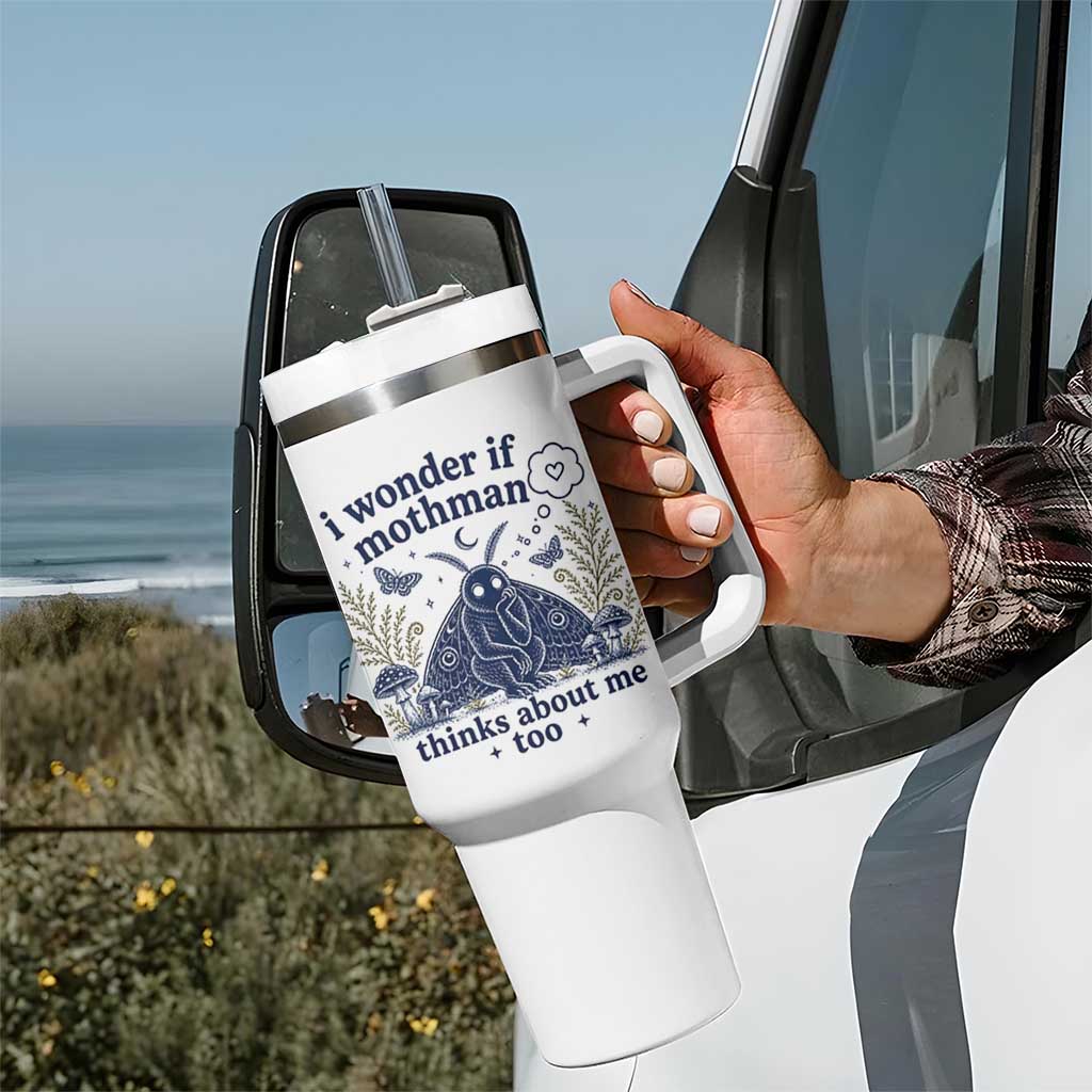 Funny Mothman Tumbler With Handle I Wonder If Mothman Thinks About Me Too Cryptid Weirdcore