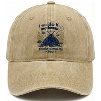 Funny Mothman Washed Cotton Baseball Cap I Wonder If Mothman Thinks About Me Too Cryptid Weirdcore