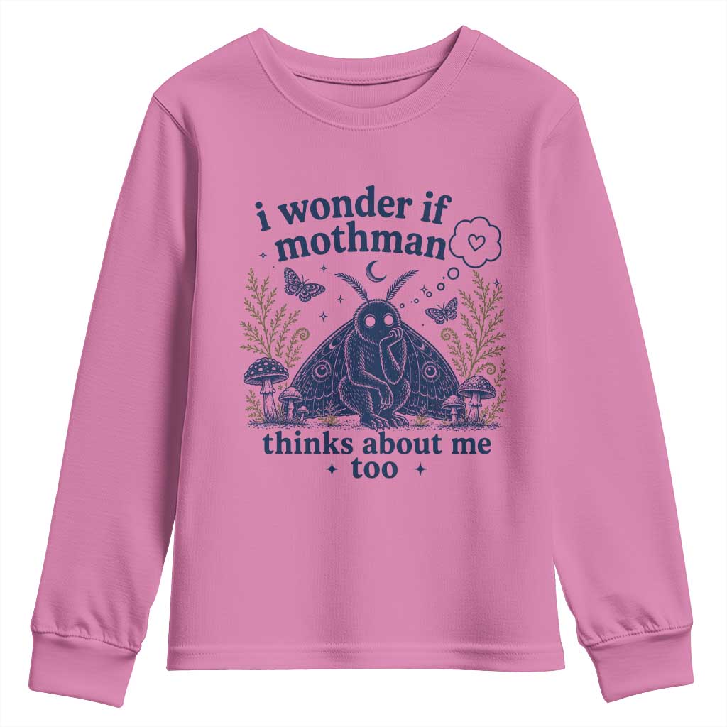 Funny Mothman Youth Sweatshirt I Wonder If Mothman Thinks About Me Too Cryptid Weirdcore