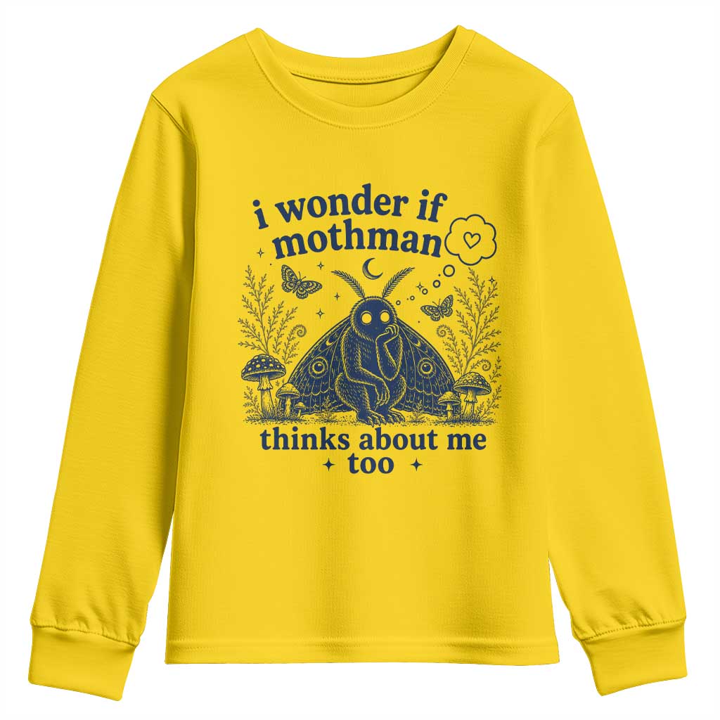 Funny Mothman Youth Sweatshirt I Wonder If Mothman Thinks About Me Too Cryptid Weirdcore