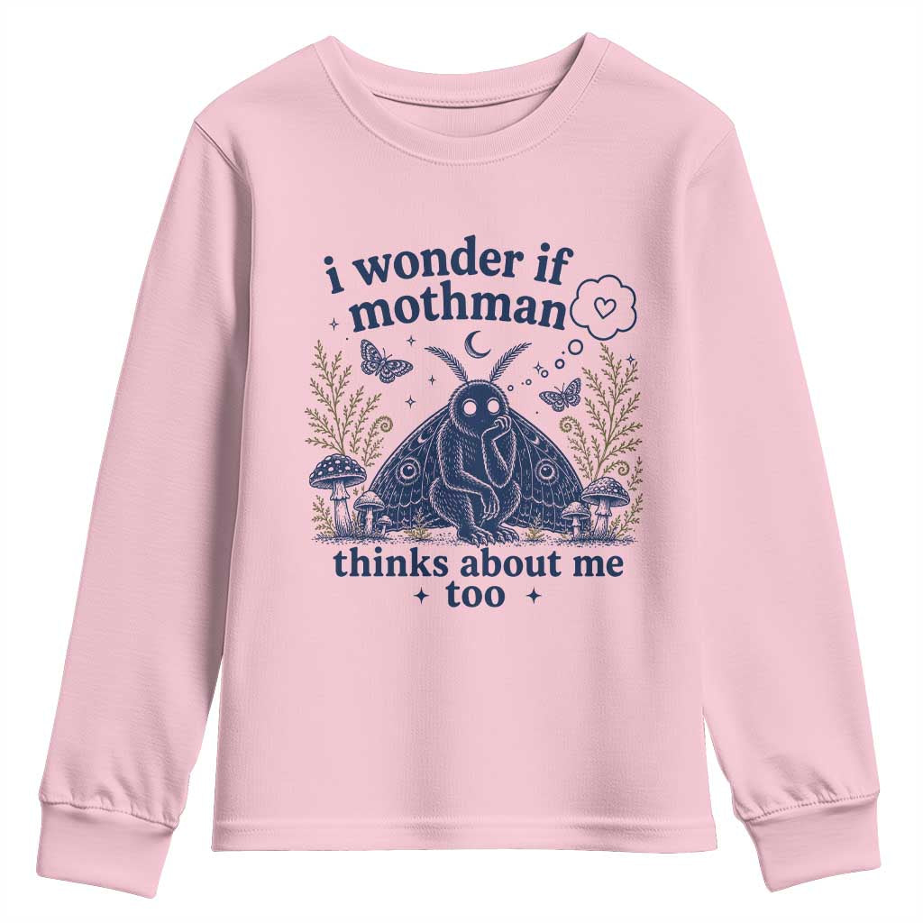 Funny Mothman Youth Sweatshirt I Wonder If Mothman Thinks About Me Too Cryptid Weirdcore