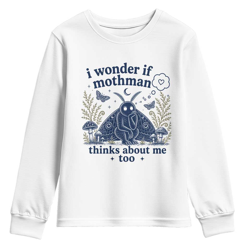 Funny Mothman Youth Sweatshirt I Wonder If Mothman Thinks About Me Too Cryptid Weirdcore