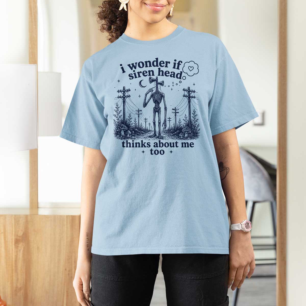 Funny Siren Head T Shirt For Women I Wonder If Siren Head Thinks About Me Too Weirdcore Cryptid Lovers