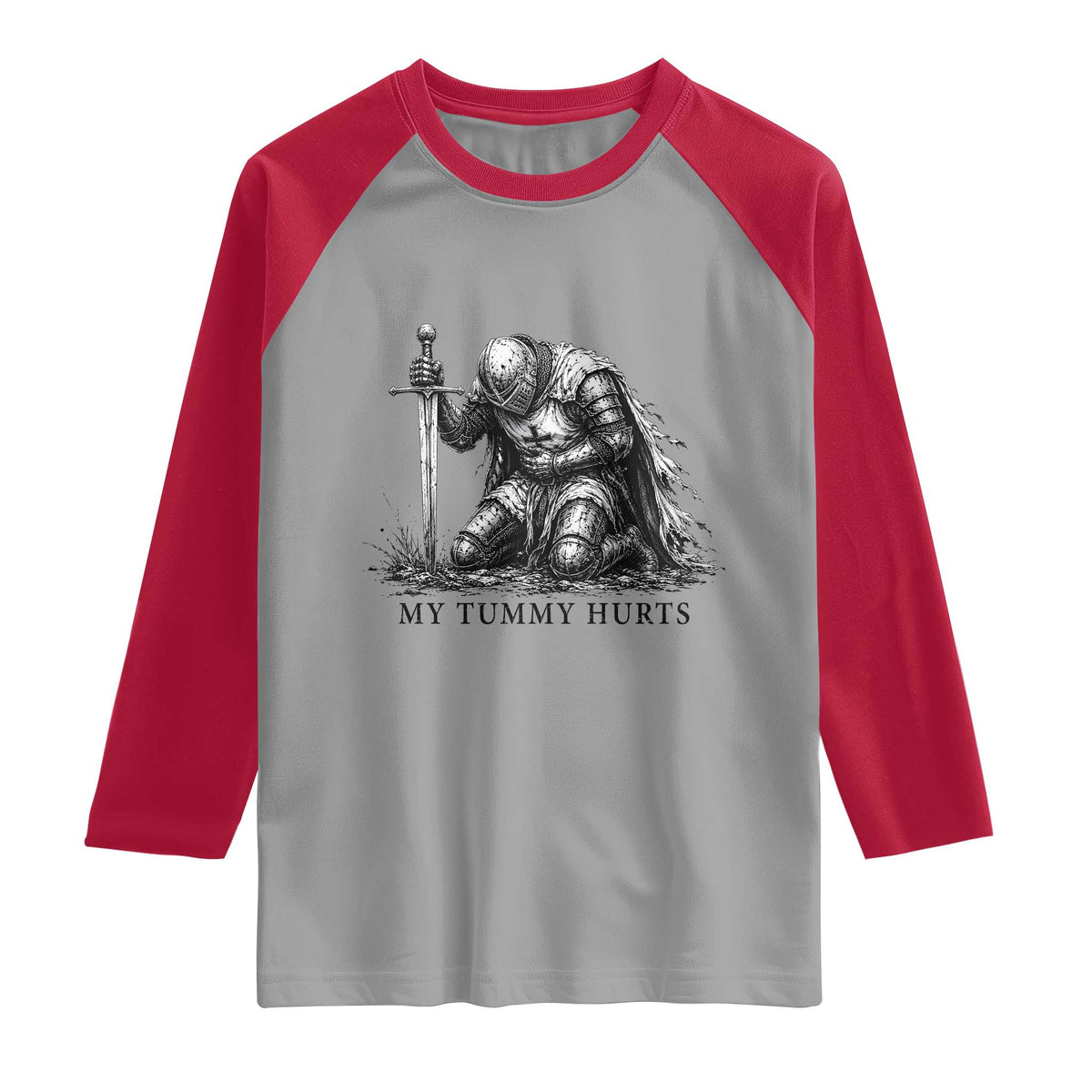 Tummy Hurts Funny Medieval Knight Raglan Shirt Dark Fantasy Meme