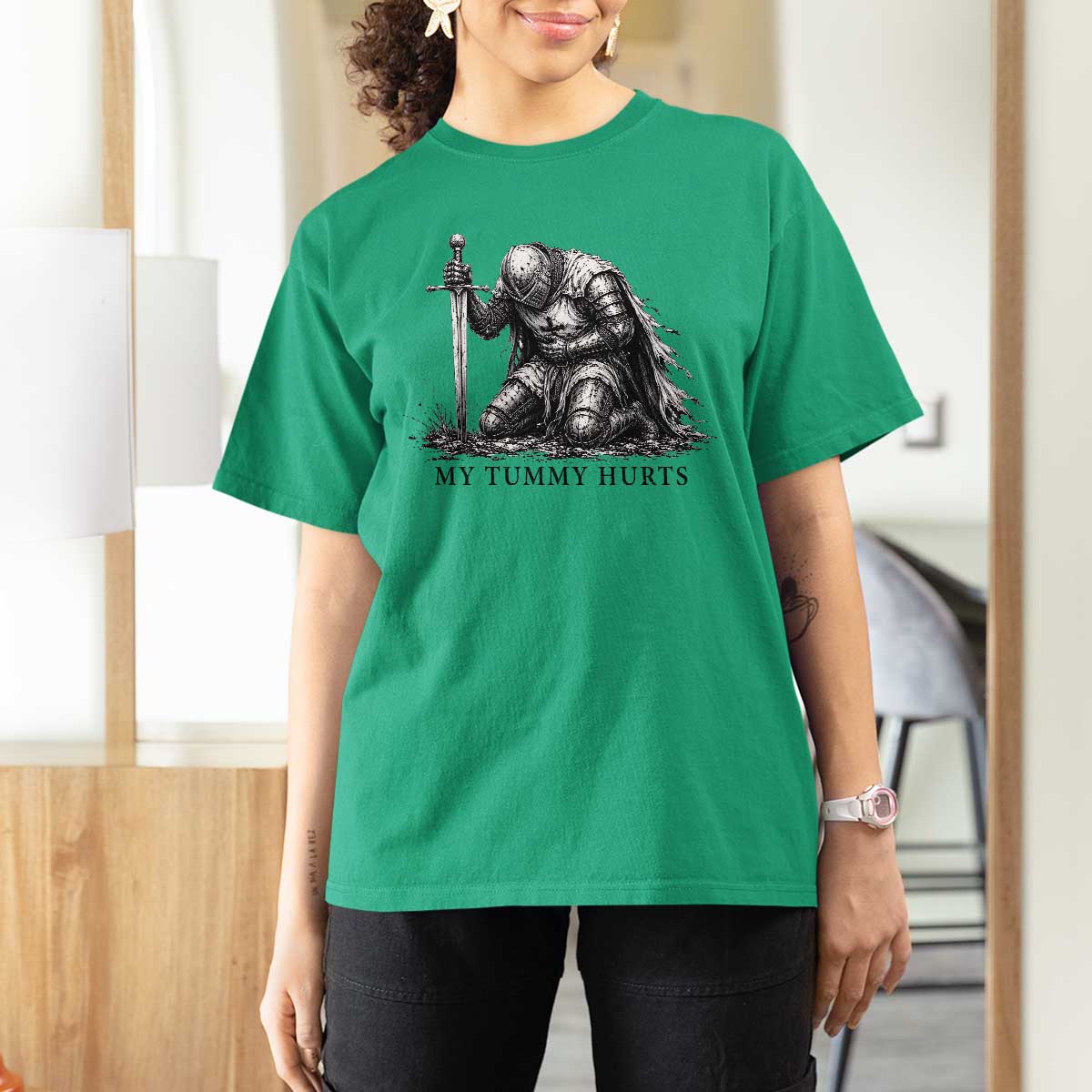 Tummy Hurts Funny Medieval Knight T Shirt For Women Dark Fantasy Meme