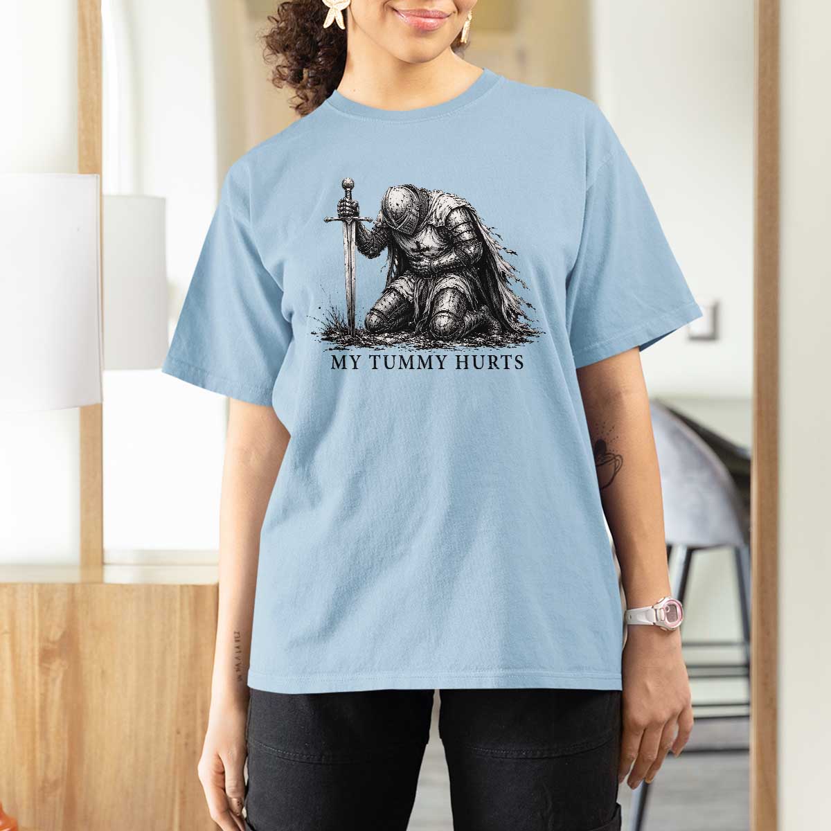 Tummy Hurts Funny Medieval Knight T Shirt For Women Dark Fantasy Meme