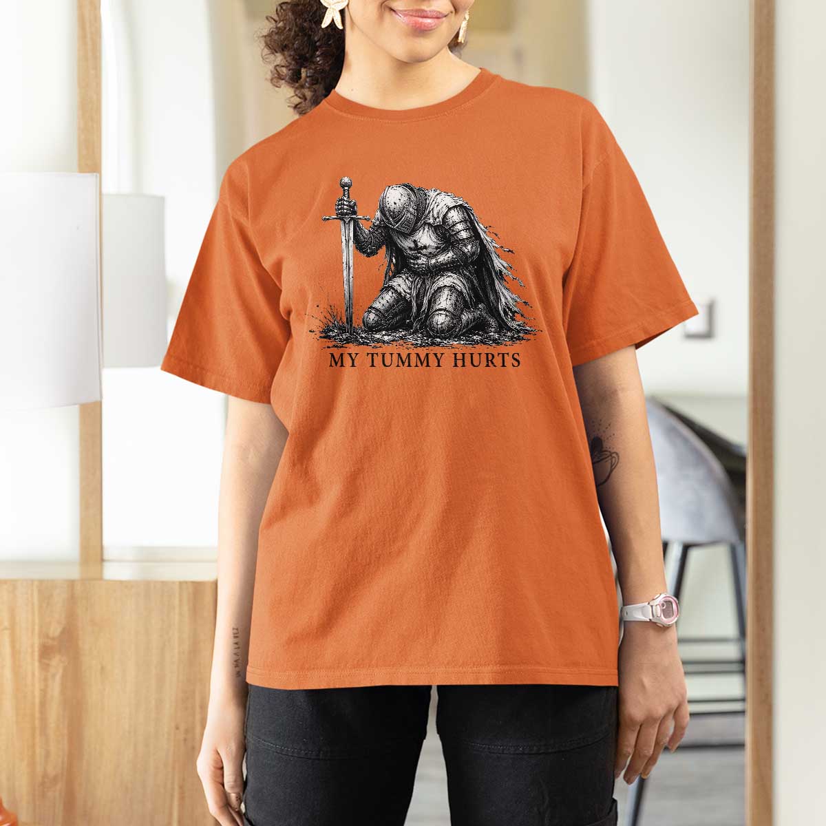 Tummy Hurts Funny Medieval Knight T Shirt For Women Dark Fantasy Meme