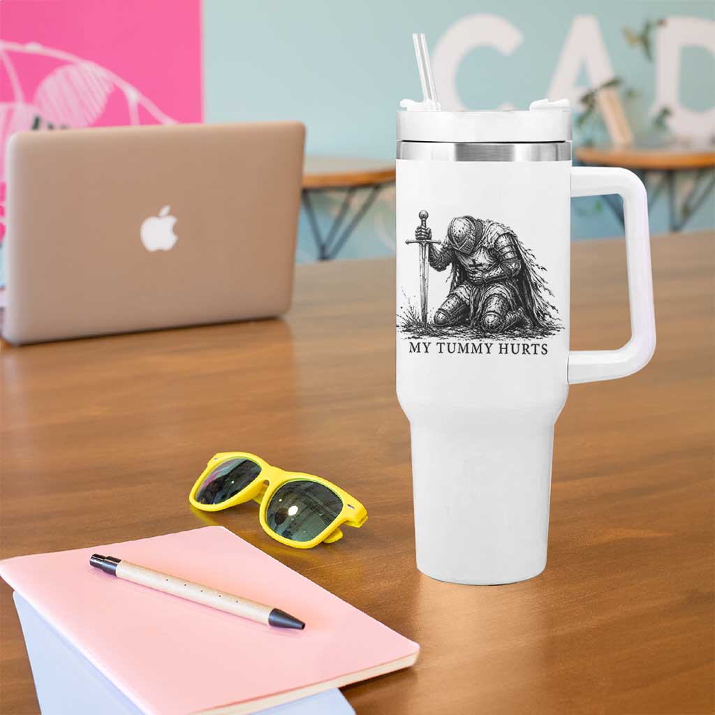 Tummy Hurts Funny Medieval Knight Tumbler With Handle Dark Fantasy Meme