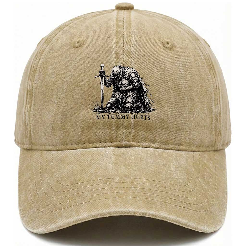Tummy Hurts Funny Medieval Knight Washed Cotton Baseball Cap Dark Fantasy Meme