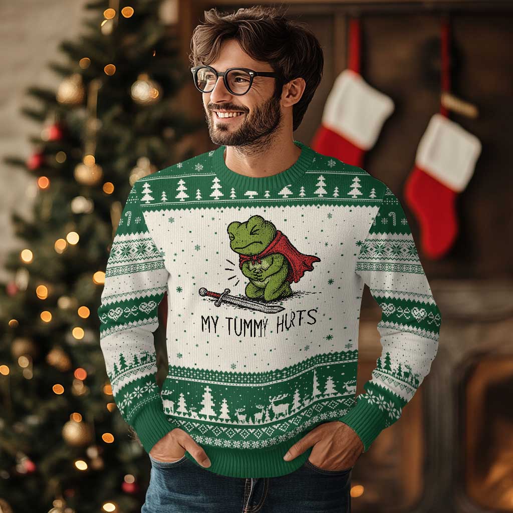 Tummy Hurts Funny Medieval Frog Ugly Christmas Sweater Dark Fantasy Meme
