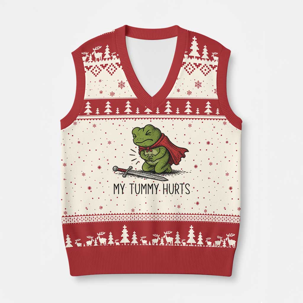 Tummy Hurts Funny Medieval Frog V-Neck Knit Sweater Vest Dark Fantasy Meme