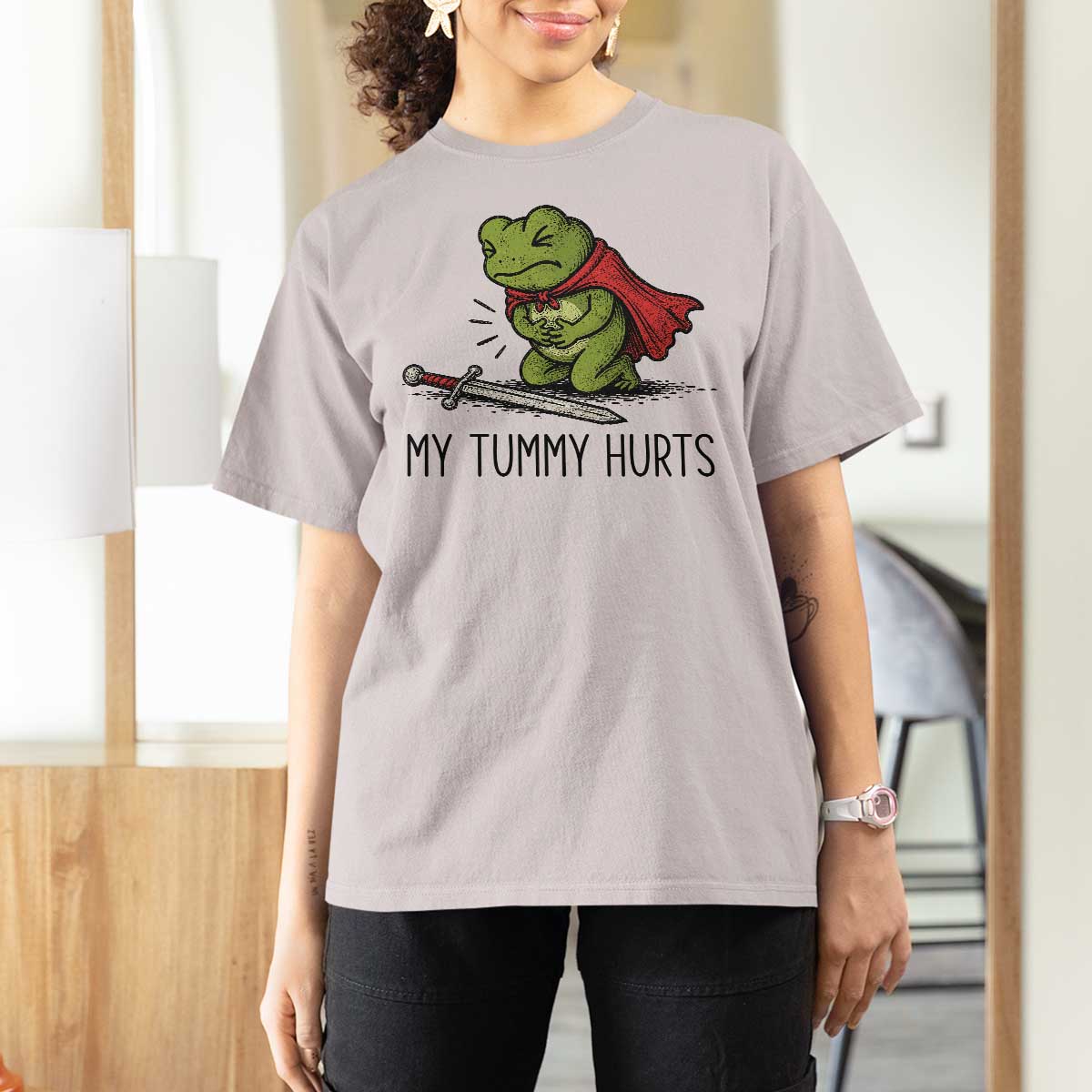 Tummy Hurts Funny Medieval Frog T Shirt For Women Dark Fantasy Meme