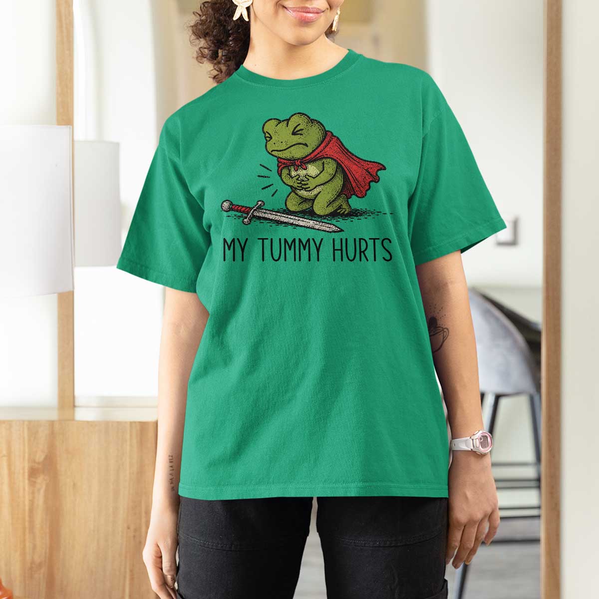 Tummy Hurts Funny Medieval Frog T Shirt For Women Dark Fantasy Meme