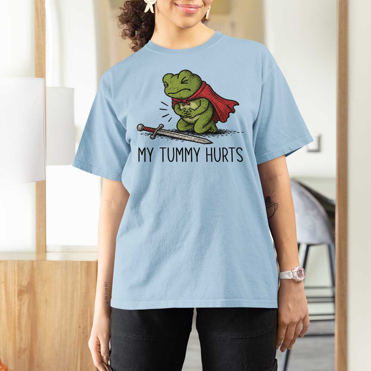 Tummy Hurts Funny Medieval Frog T Shirt For Women Dark Fantasy Meme