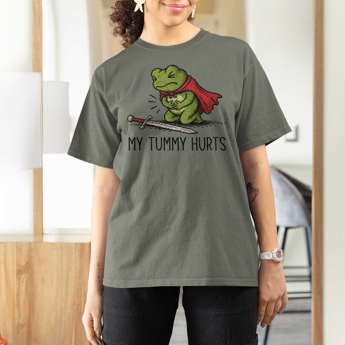 Tummy Hurts Funny Medieval Frog T Shirt For Women Dark Fantasy Meme