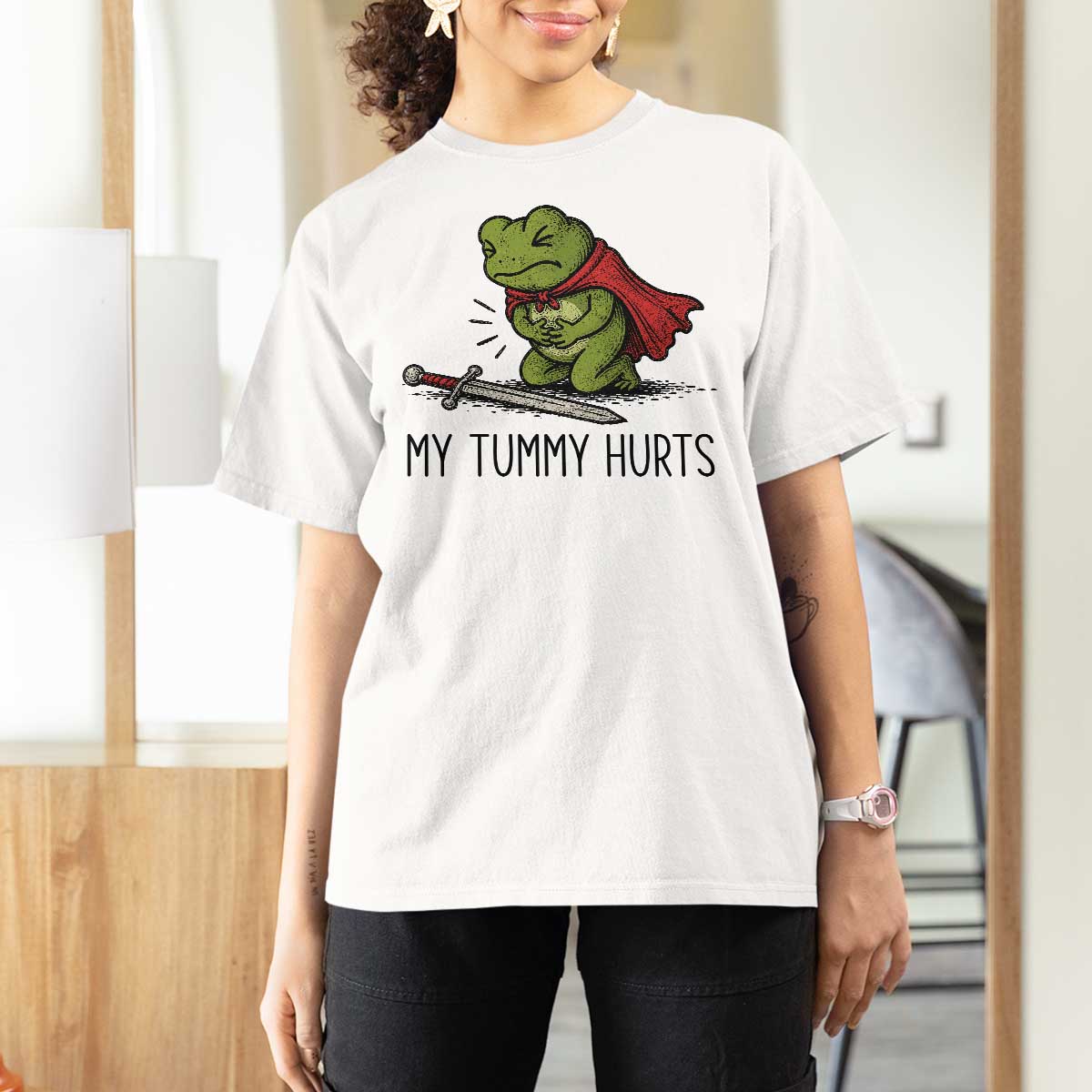 Tummy Hurts Funny Medieval Frog T Shirt For Women Dark Fantasy Meme